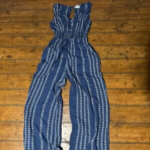 Gypsea Blue White Tribal Stripe Smocked‎ Wide Leg Jumpsuit XS Sleeveless Rayon